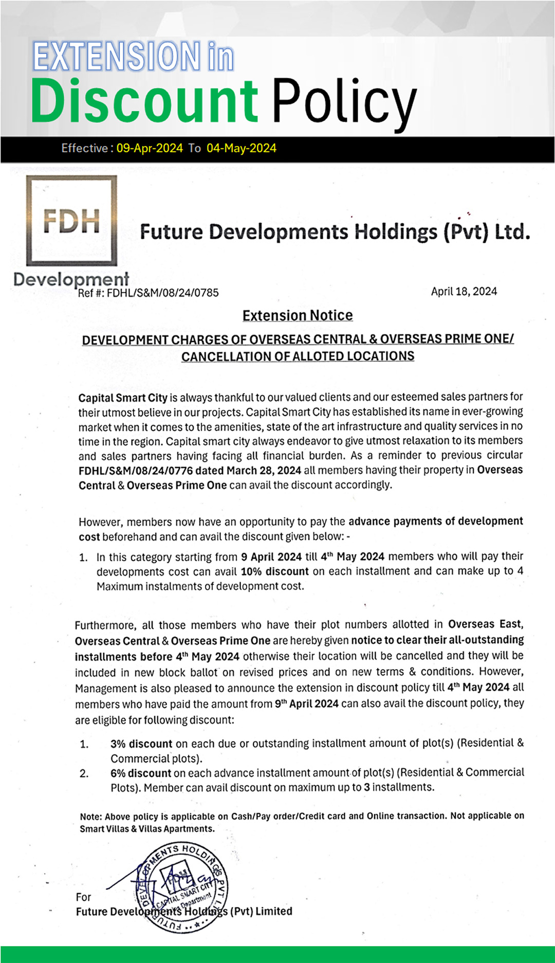Extension Notice - Policies for Discounts, Development Charges & Cancellation of Alloted Locations