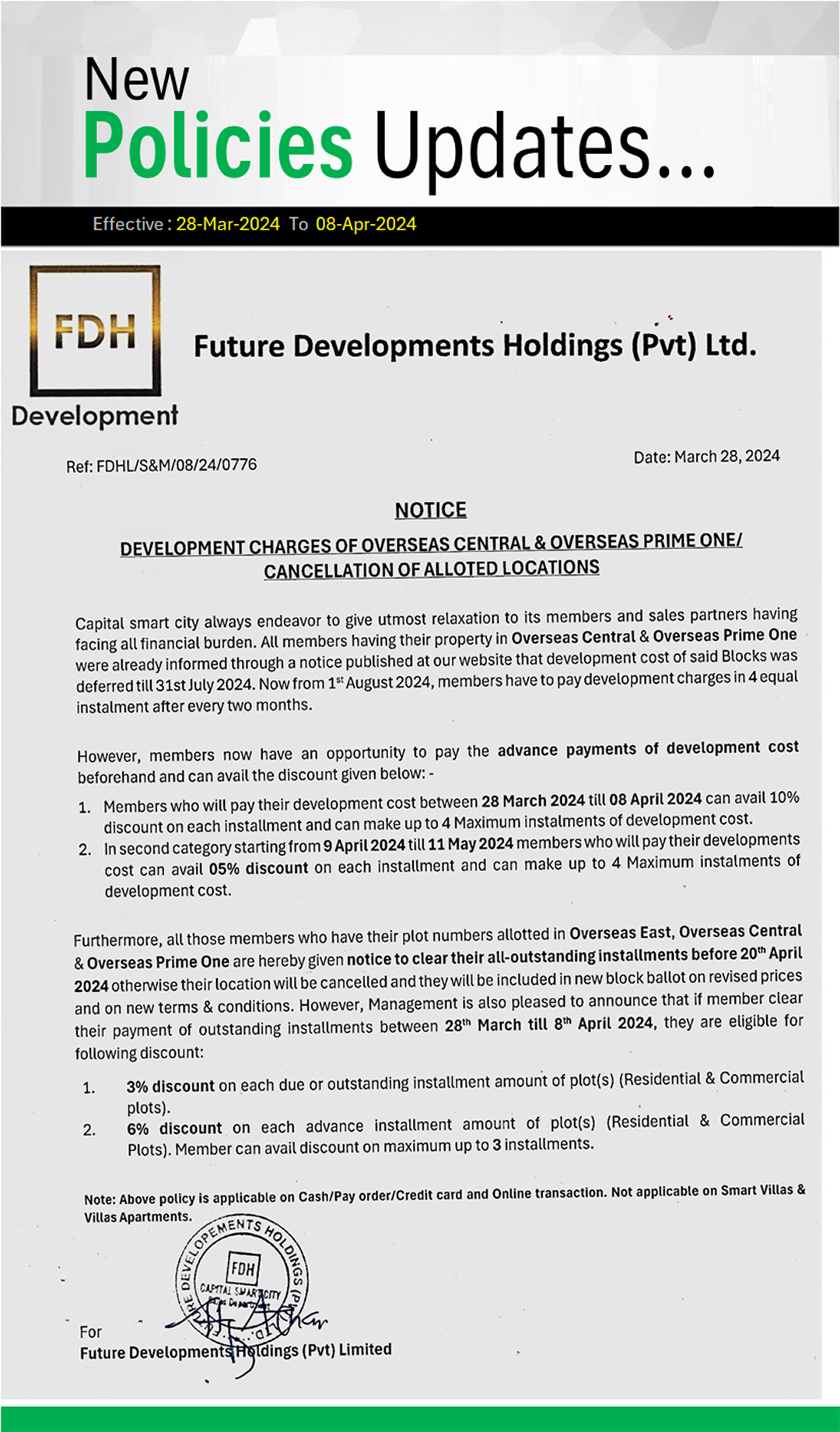 New Policies for Discounts, Development Charges  & Cancellation of Alloted Locations