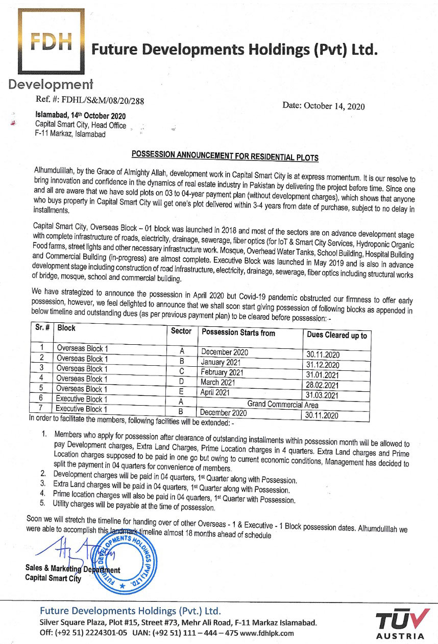 Possession Announcement for Residential Plots