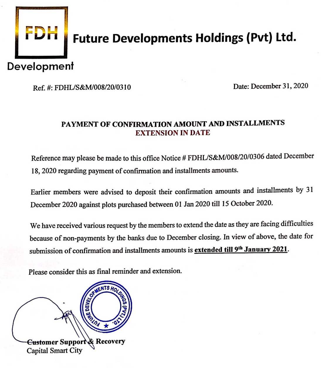 Payment of Confirmation Amount and Installments