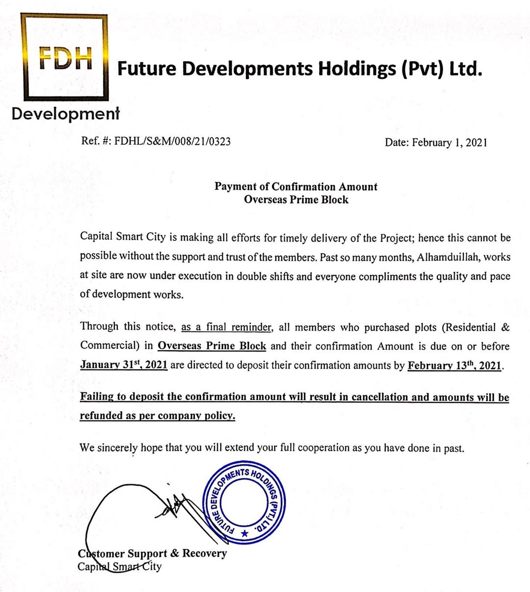 Payment of Confirmation Amount - Overseas Prime Block