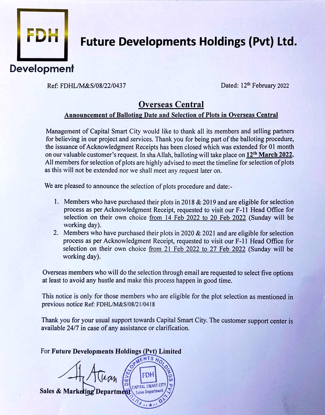 Announcement of Balloting Date & Selection of Plots