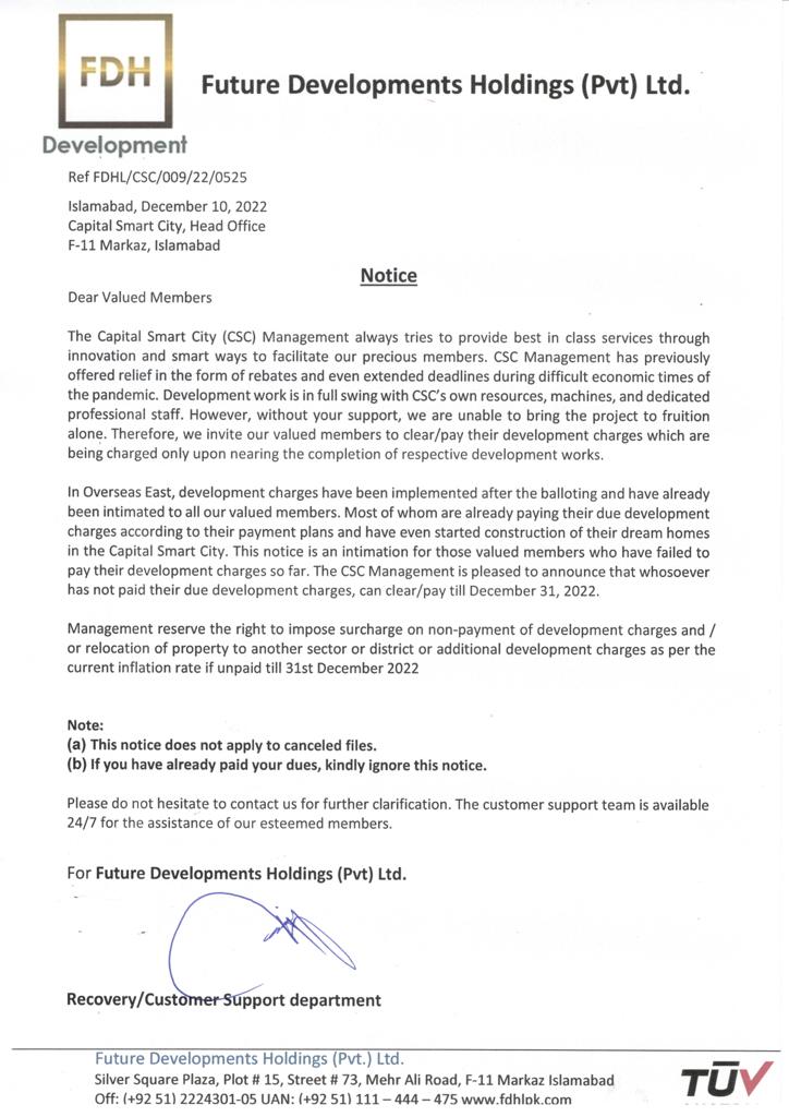 Notice for Non-Payments of Development Charges