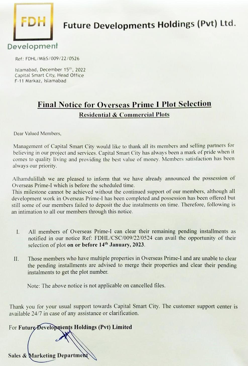 Final Notice for Overseas Prime-I Plot Selection