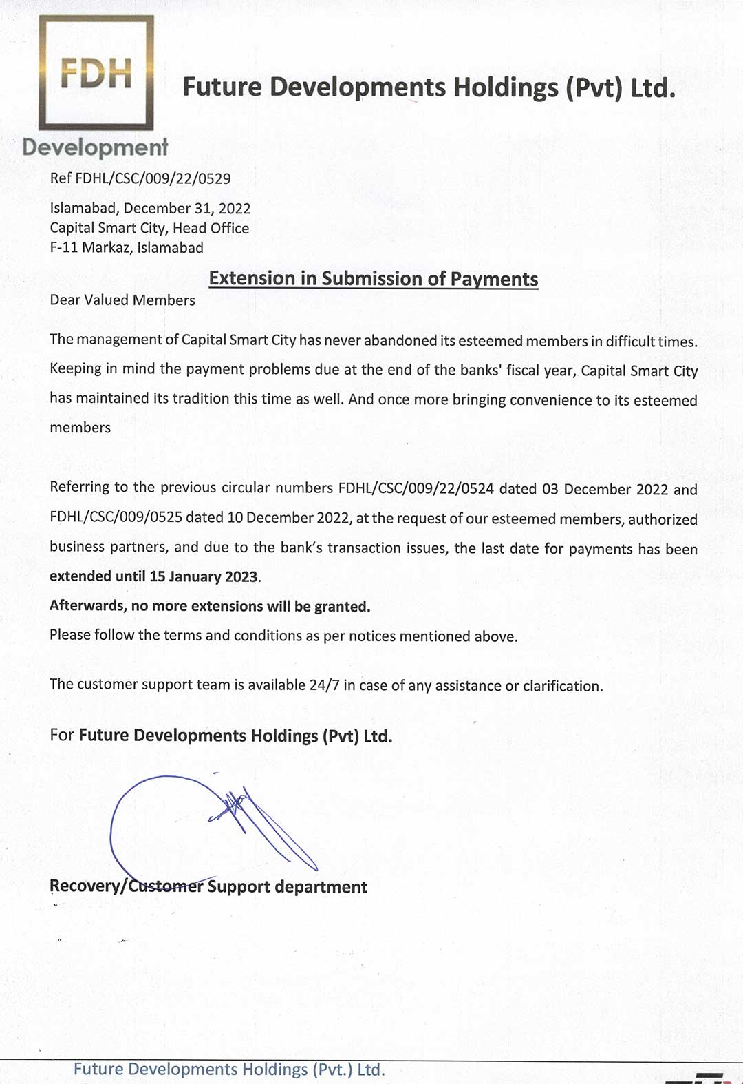 Extension in Submission of Payments