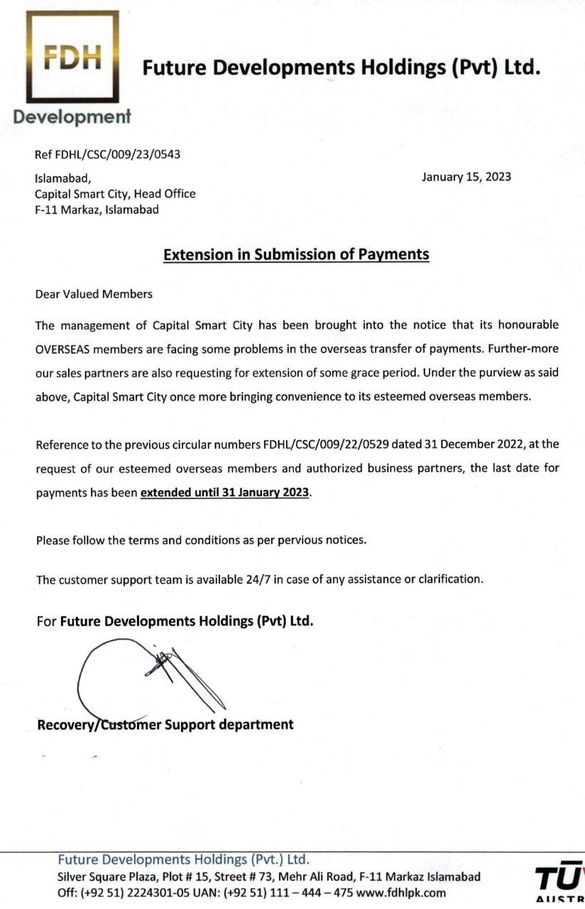 Extension in Submission of Payments