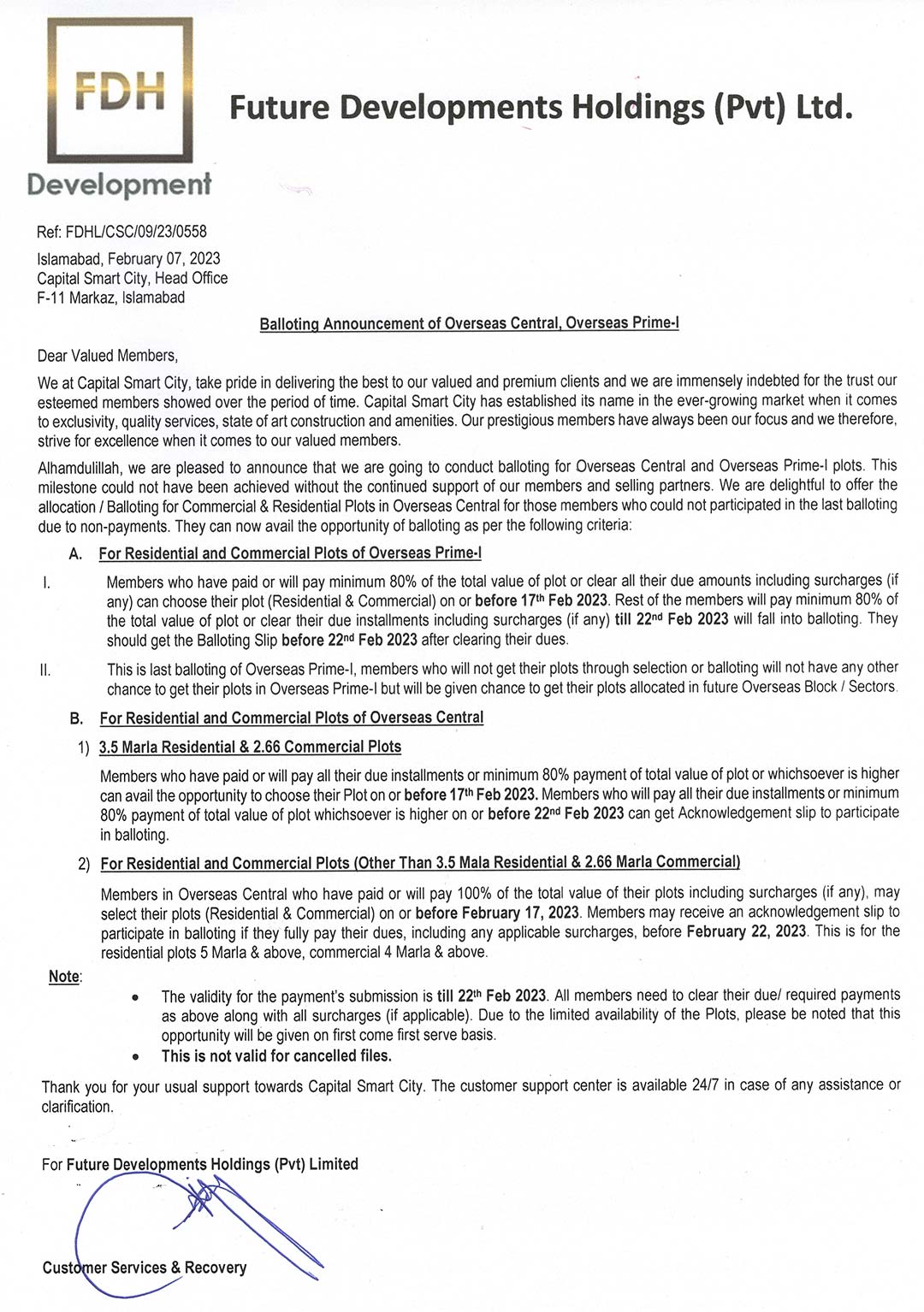 Balloting Announcement of Overseas Central, Overseas Prime-I