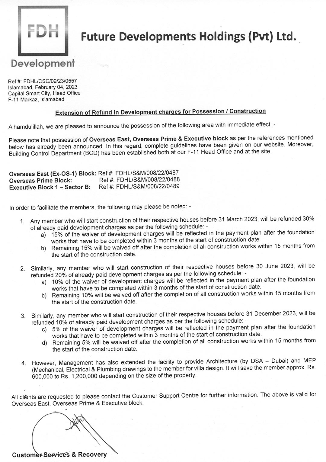 Extension of Refund in Development Charges for Possession/Construction